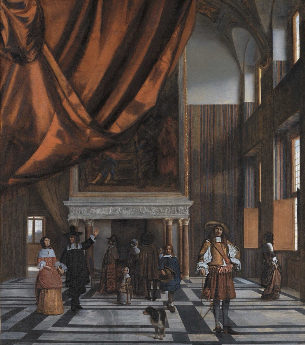 Painting of a marble council chamber inside Amsterdam's Town Hall, with citizens conversing under a high ceiling
