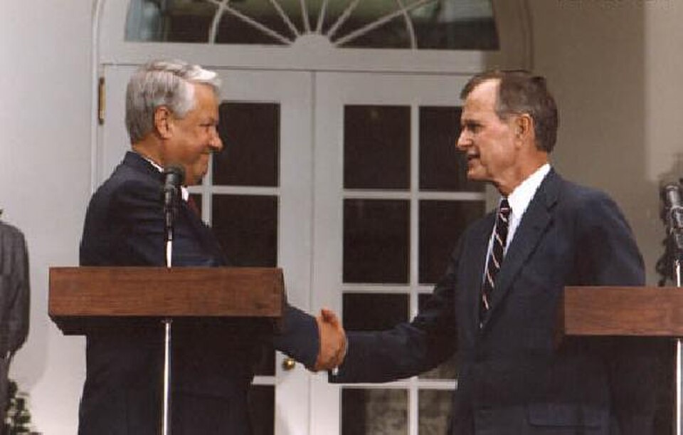 George H. W. Bush and Boris Yeltsin in the White House Rose Garden in 1992, two years before the founding of the modern Bank of Russia