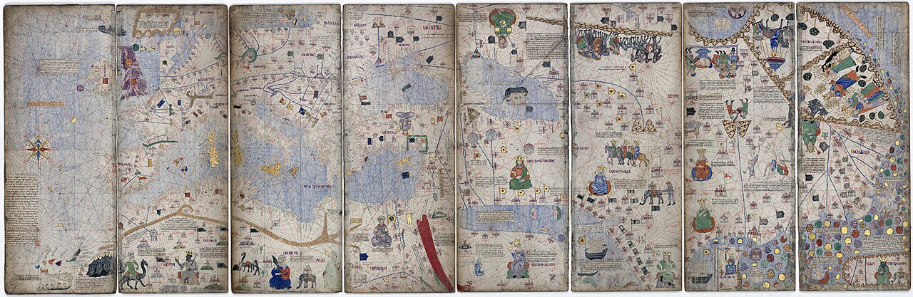 Detail of a medieval illuminated map showing camel caravans, walled cities, and crowned rulers across a stylised Asian landscape decorated in gold and bright pigments.
