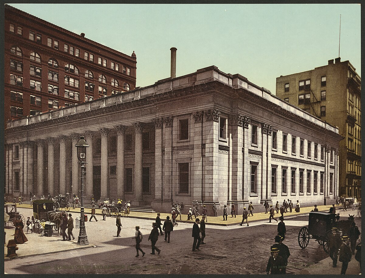 Classical limestone bank building on LaSalle Street in Chicago, with horse-drawn carriages and pedestrians in the foreground