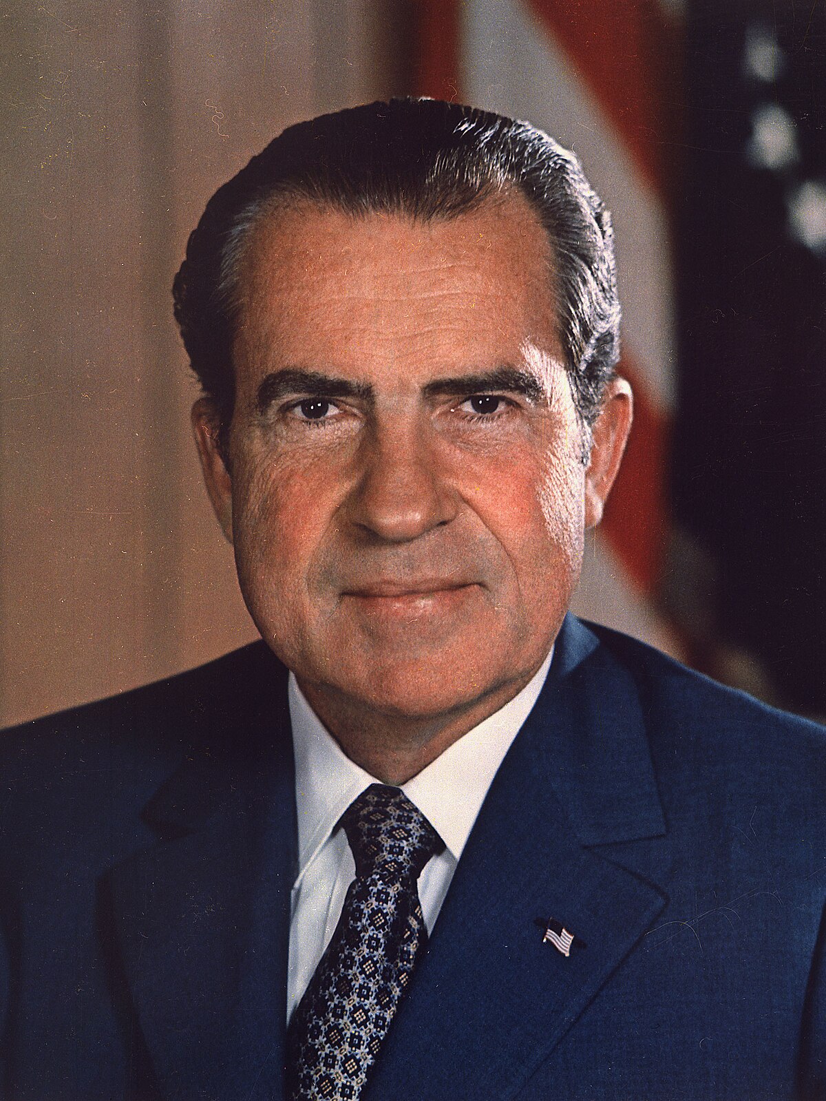 Official presidential portrait of Richard Nixon in dark suit