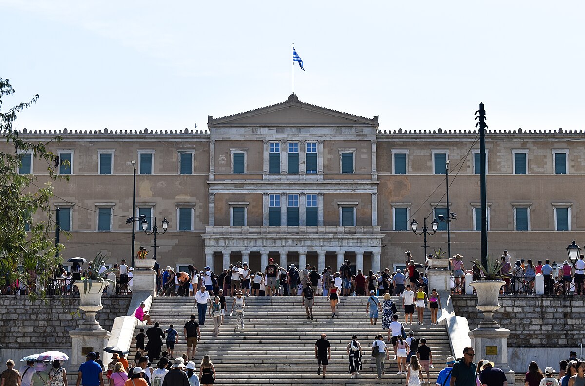 The neoclassical Old Royal Palace in Athens, seat of the Hellenic Parliament, viewed from Syntagma Square